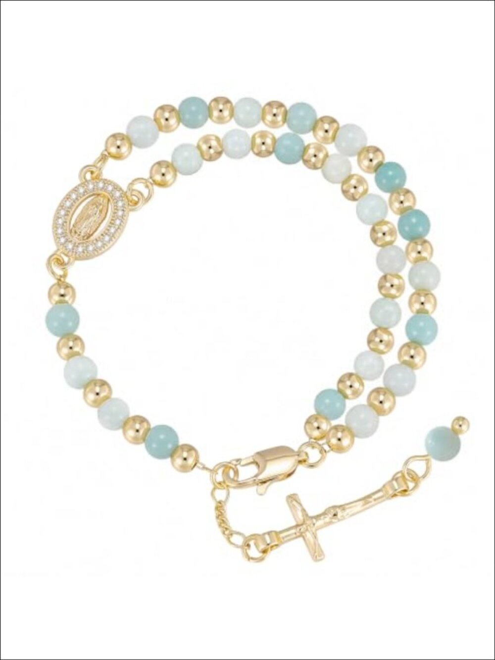 14k Gold-Plated Rosary Bracelet Virgin Mary Cross Charm Adjustable